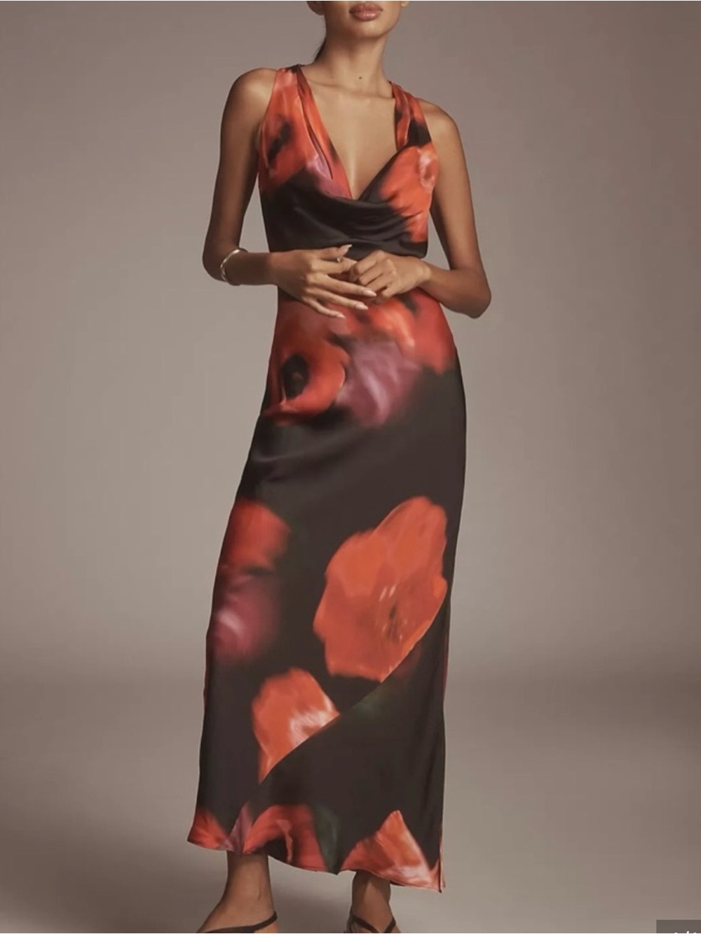Anthropologie Satin Slip Dress with Red Floral Print